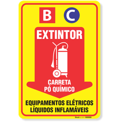 Placa Extintor BC Carreta Pó Químico Equipamentos Elétricos E Líquidos Inflamáveis
