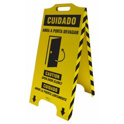 Cavalete De Sinalização Cuidado Abra A Porta Devagar - Trilíngue